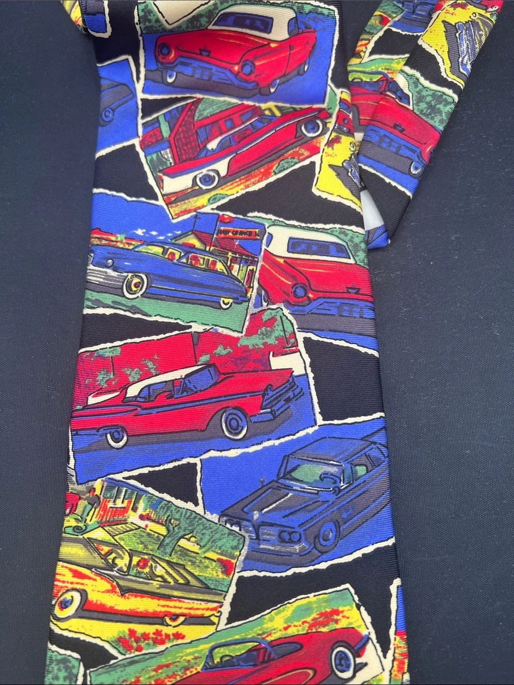 Dolce & Gabbana Black Tie with Multicolor Vintage Car Print Pin up girl necktie